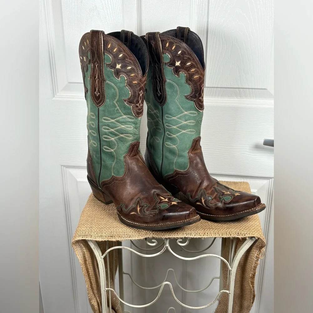 Ariat Brown and Teal Western Heeled Cowboy Boots - Picture 3 of 13